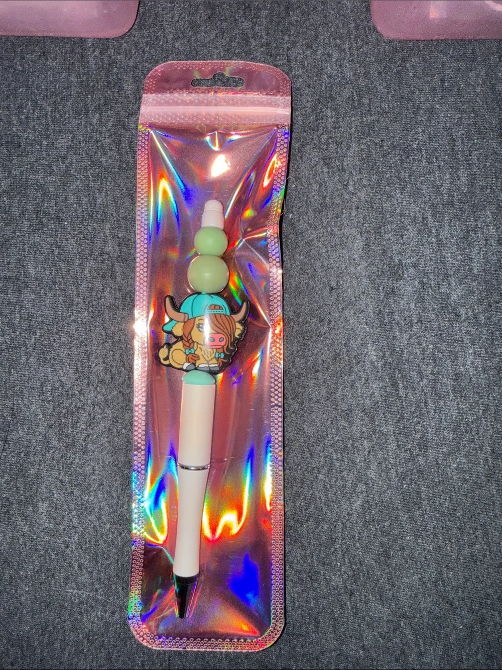 Cute Cow Character Beaded Pen in Green and Cream